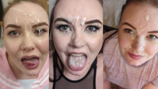 Blowjob Facial Compilation - Slutty girlfriend sucks big cock and get huge cumshots on her face